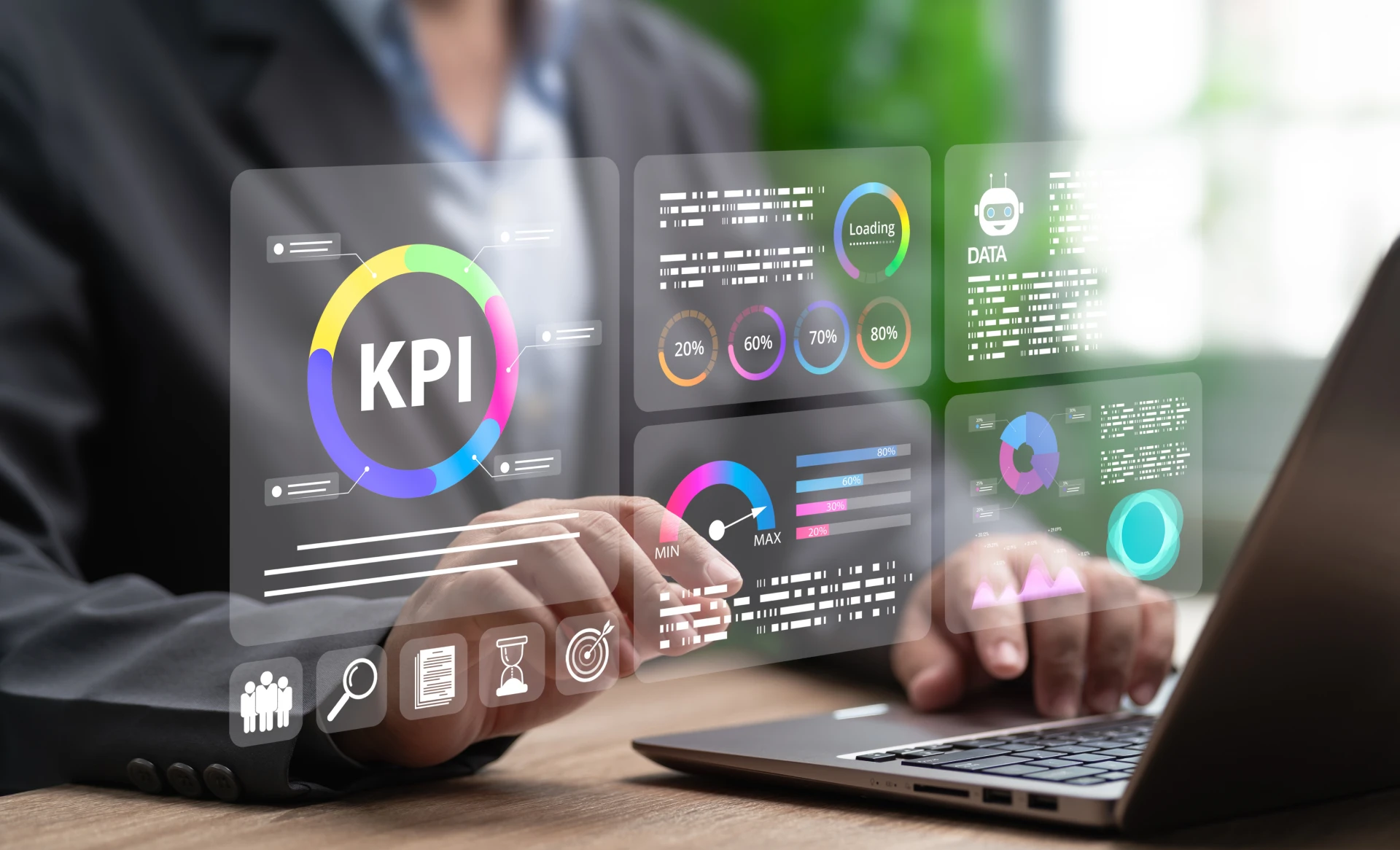 Business metrics dashboard on screen